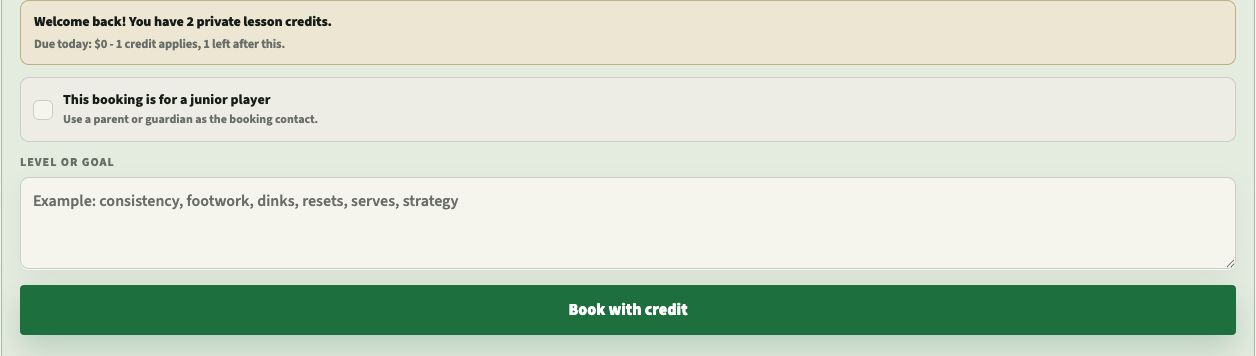 Elite Coach Booking widget recognizing a returning client with two private lesson credits, showing zero due today and a Book with credit button