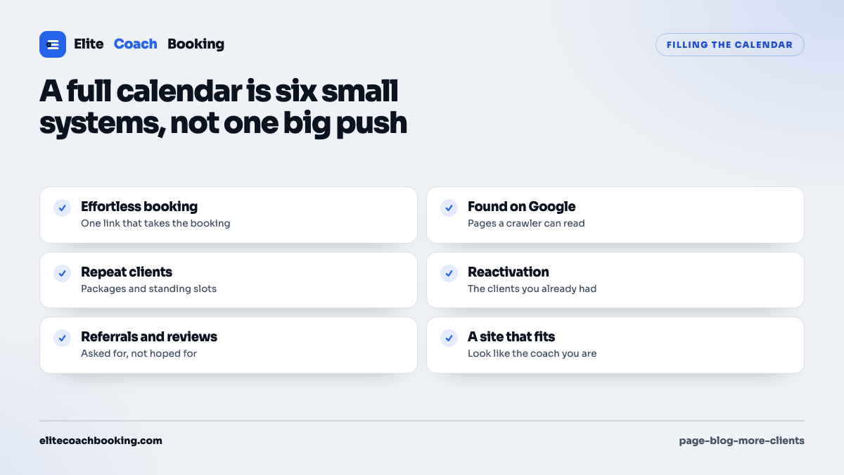 A six item checklist covering effortless booking, being found on Google, repeat clients, reactivation, referrals, and a coaching site that fits.