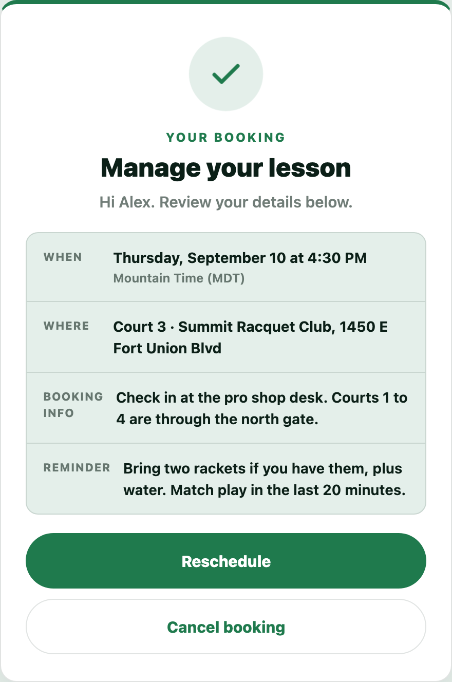 The client manage page showing the lesson time, venue, coach instructions, and buttons to reschedule or cancel.