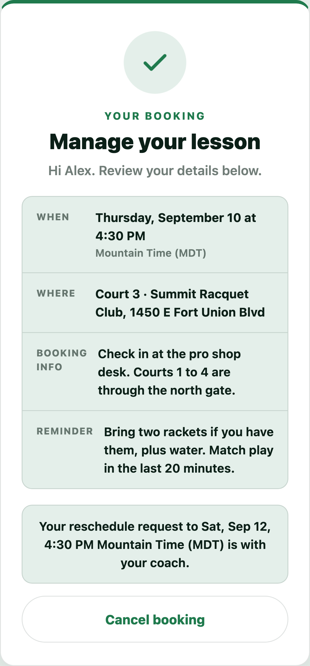 The manage page on a phone, telling the client their reschedule request to Saturday is with their coach.