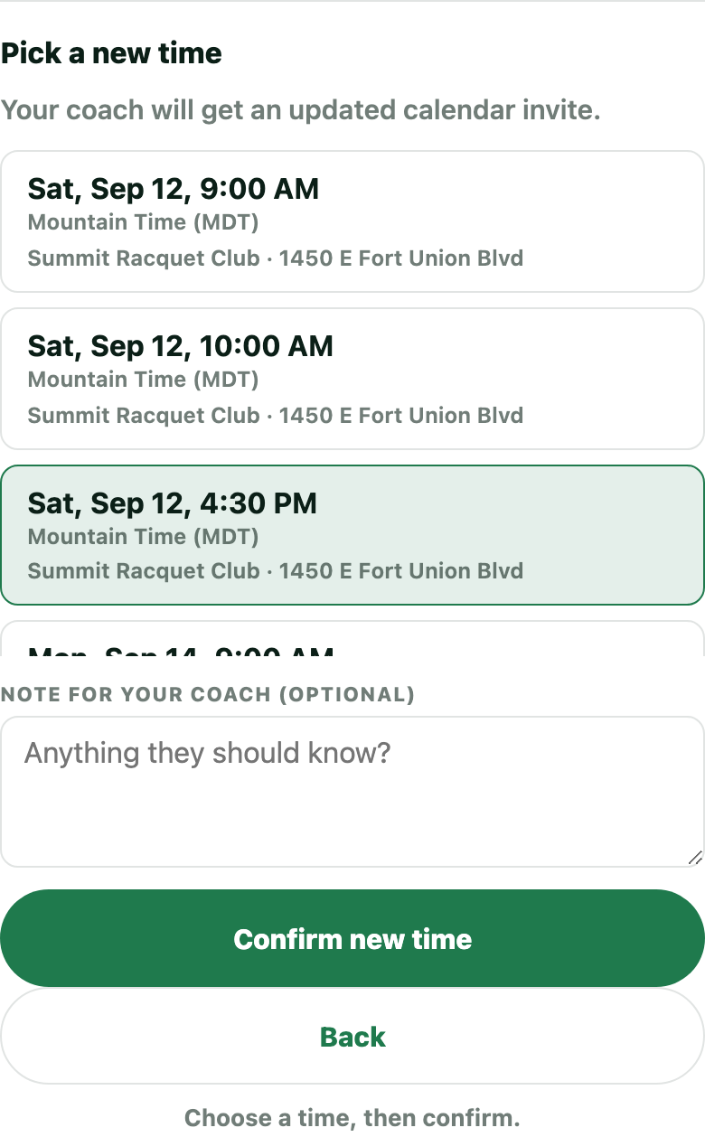 The reschedule panel listing open lesson times, each showing its timezone, venue name, and street address.