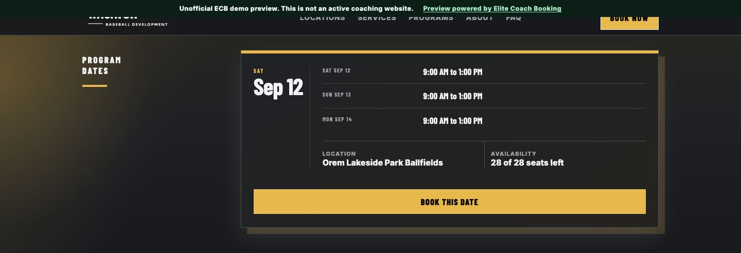 A published baseball camp page showing Saturday, Sunday, and Monday sessions grouped under a single registration button.