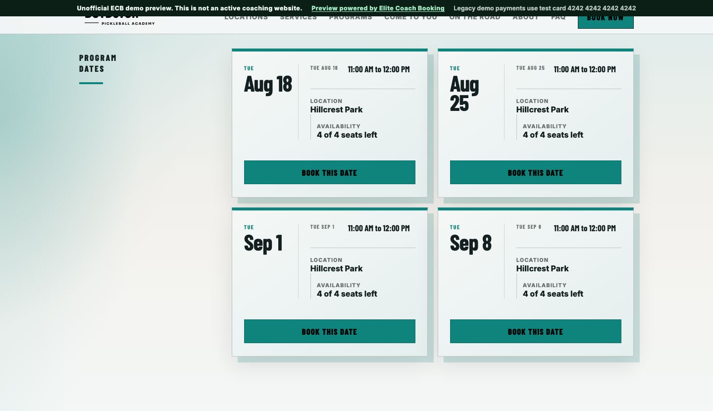 A published weekly clinic page listing four Tuesday dates, each with its own location, seats left, and book this date button.