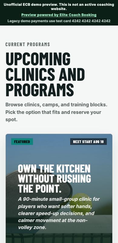 The same programs storefront on a phone, with the heading, the description, and the featured clinic card stacked.