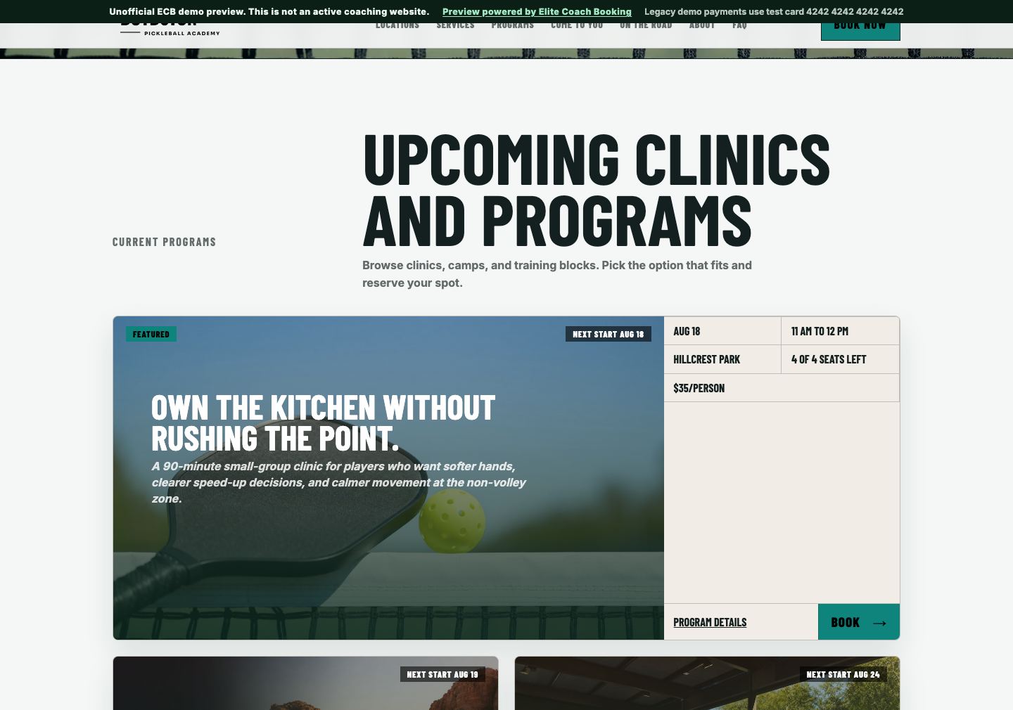 The programs storefront on a published pickleball coaching site, showing a featured clinic and further programs with dates, venue, seats left, and price.