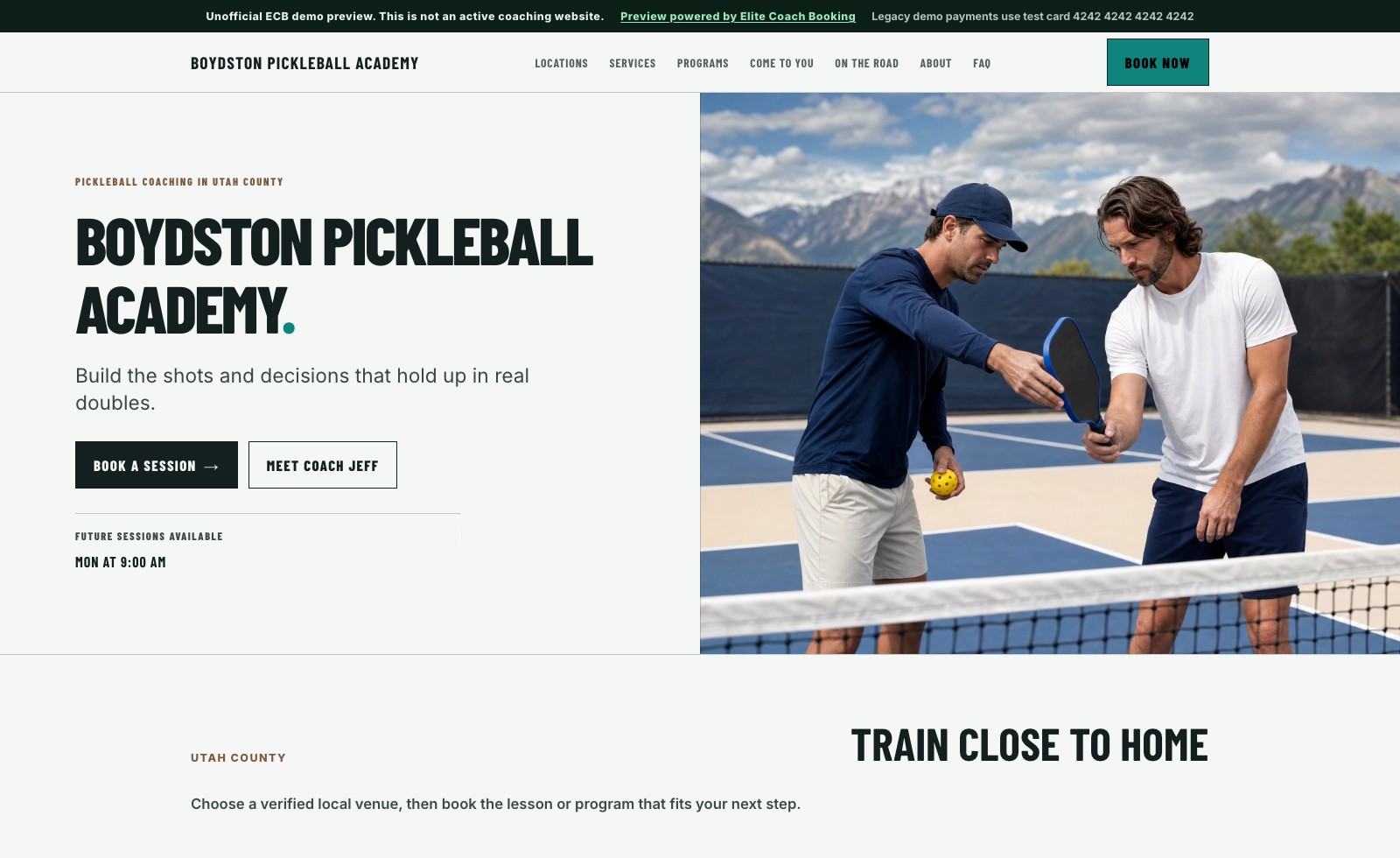 The live Elite Coach Booking demo website for Jeff Boyd pickleball coaching