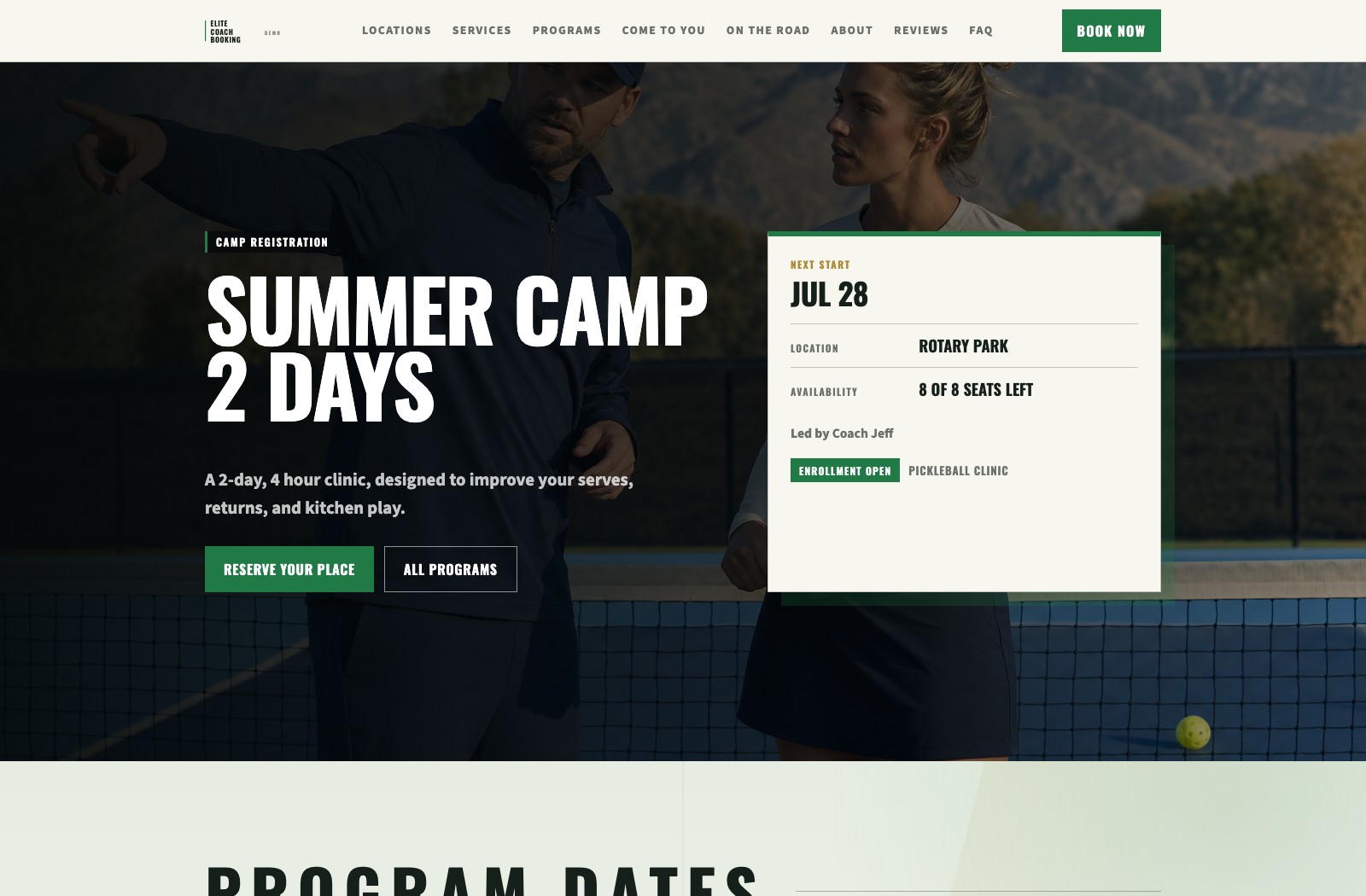 The Elite Coach Booking demo detail page for a two-day summer pickleball camp