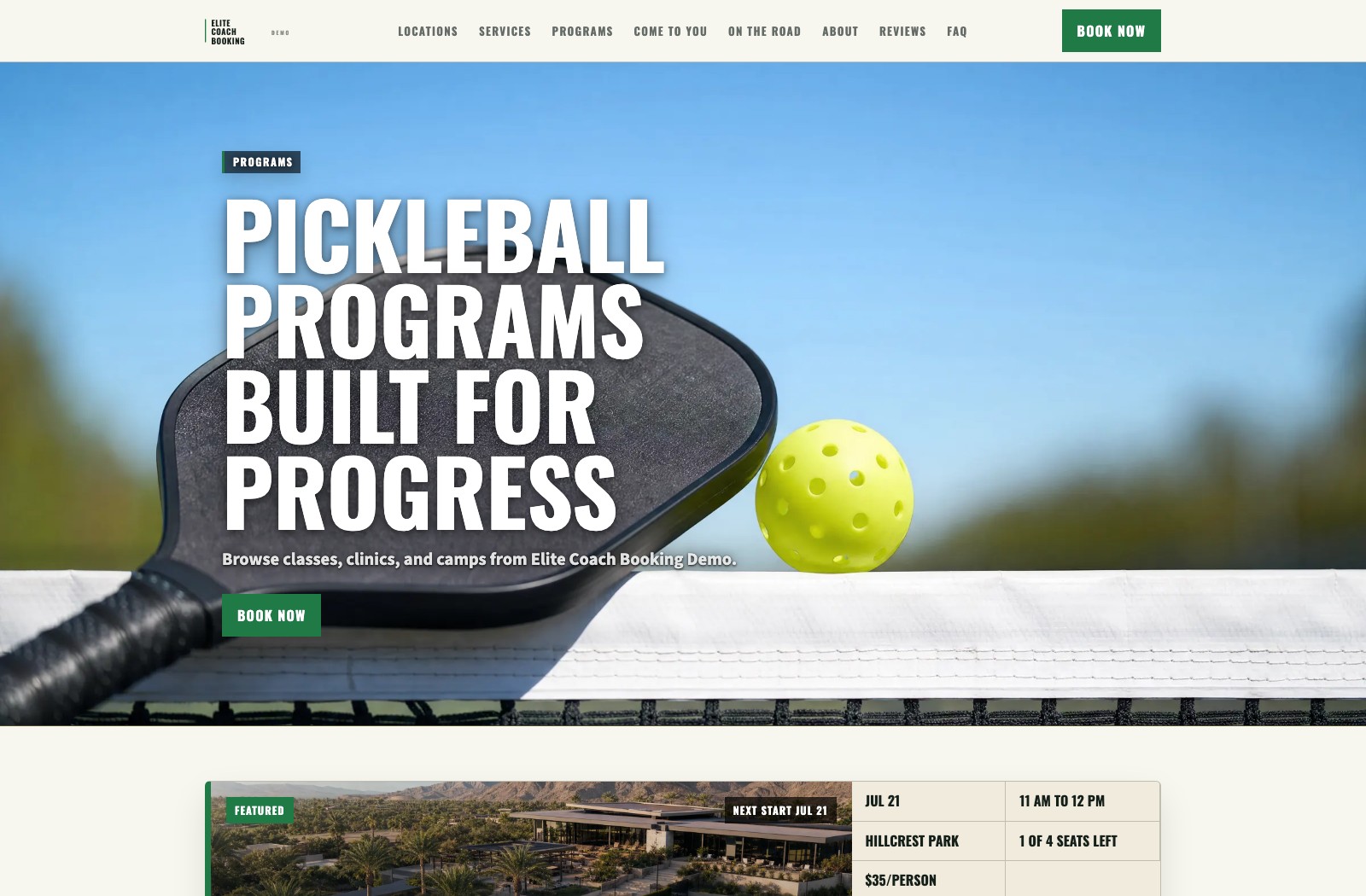 The Elite Coach Booking demo programs page showing a premium pickleball program catalog