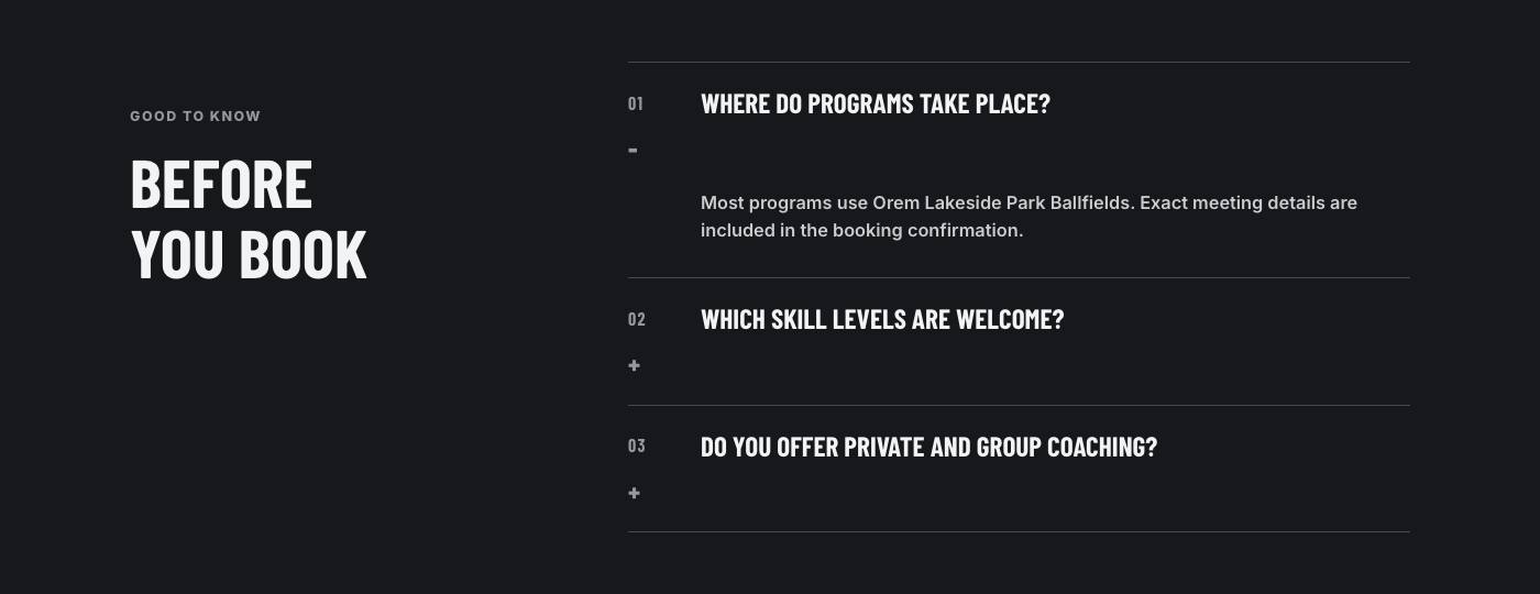 Real frequently asked questions section from Wasatch Baseball Development
