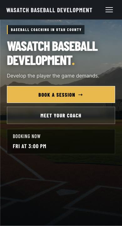 Mobile view of the Wasatch Baseball Development homepage