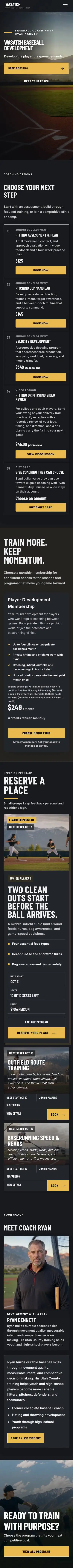 The Wasatch Baseball Development homepage at phone width