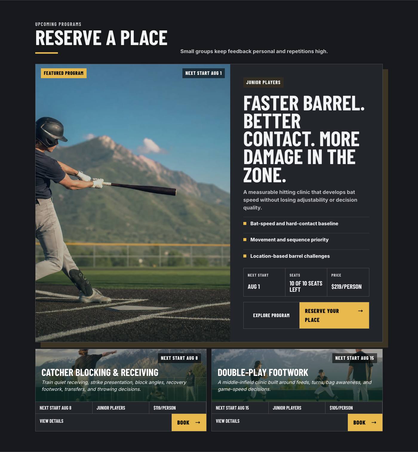 Real upcoming programs section from Wasatch Baseball Development