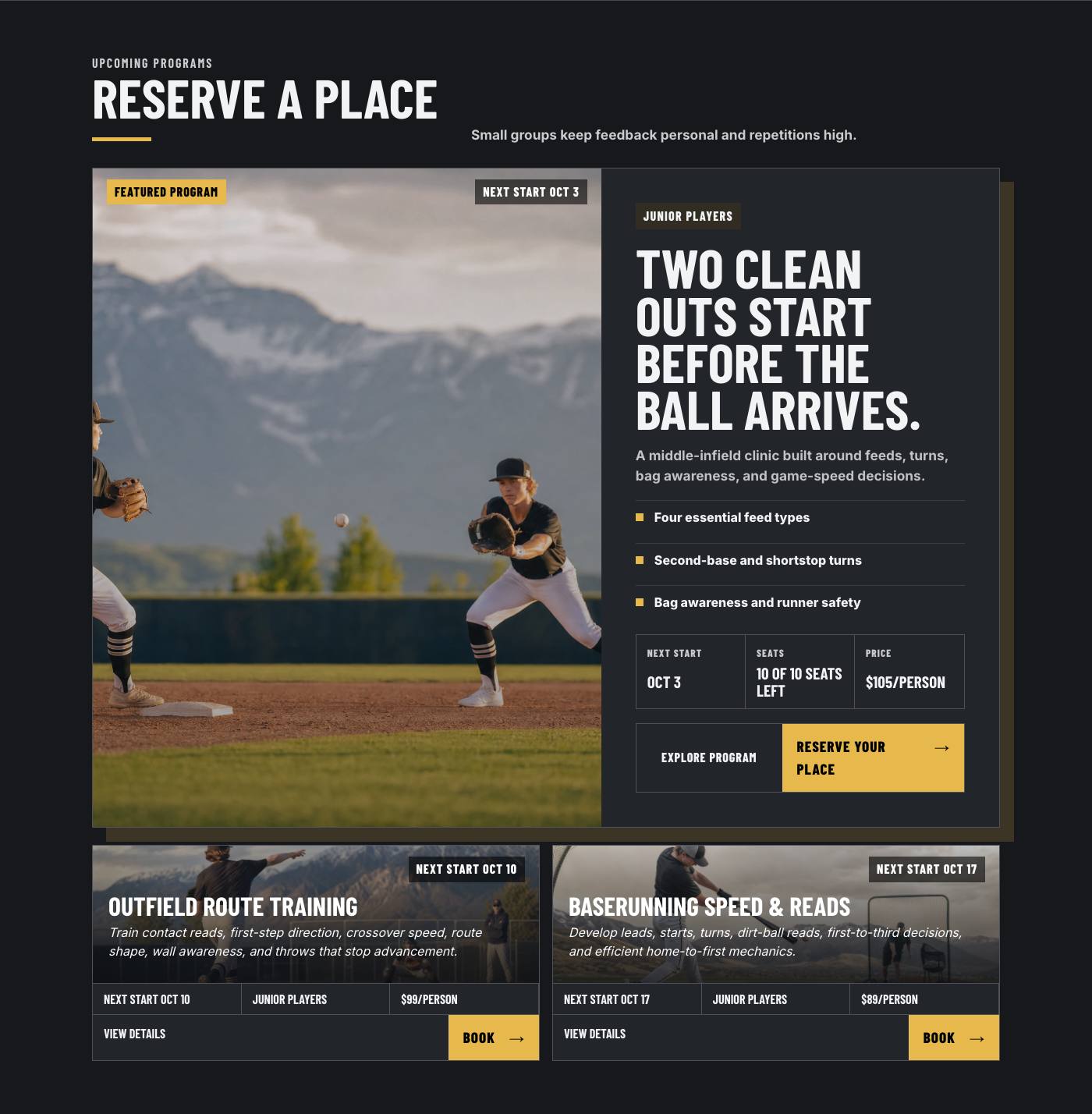 Real upcoming programs section from Wasatch Baseball Development