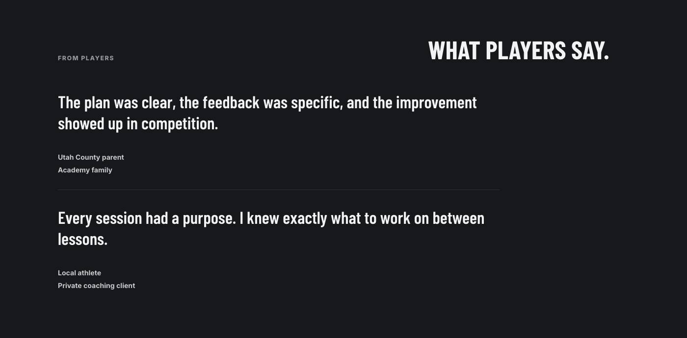 Real player testimonials section from Wasatch Baseball Development