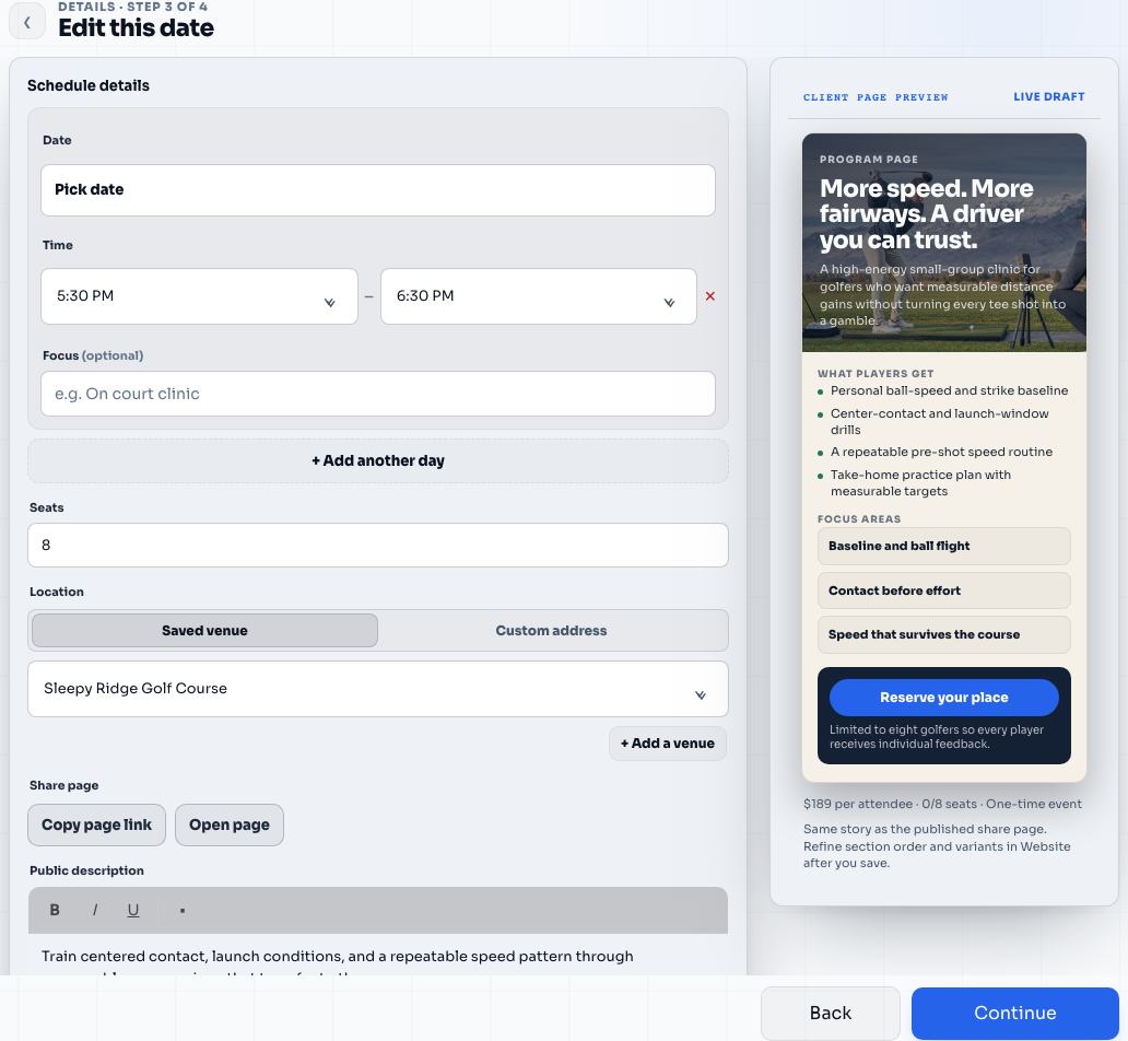 Schedule setup for Driver Speed & Accuracy Lab in the Elite Coach Booking coach app