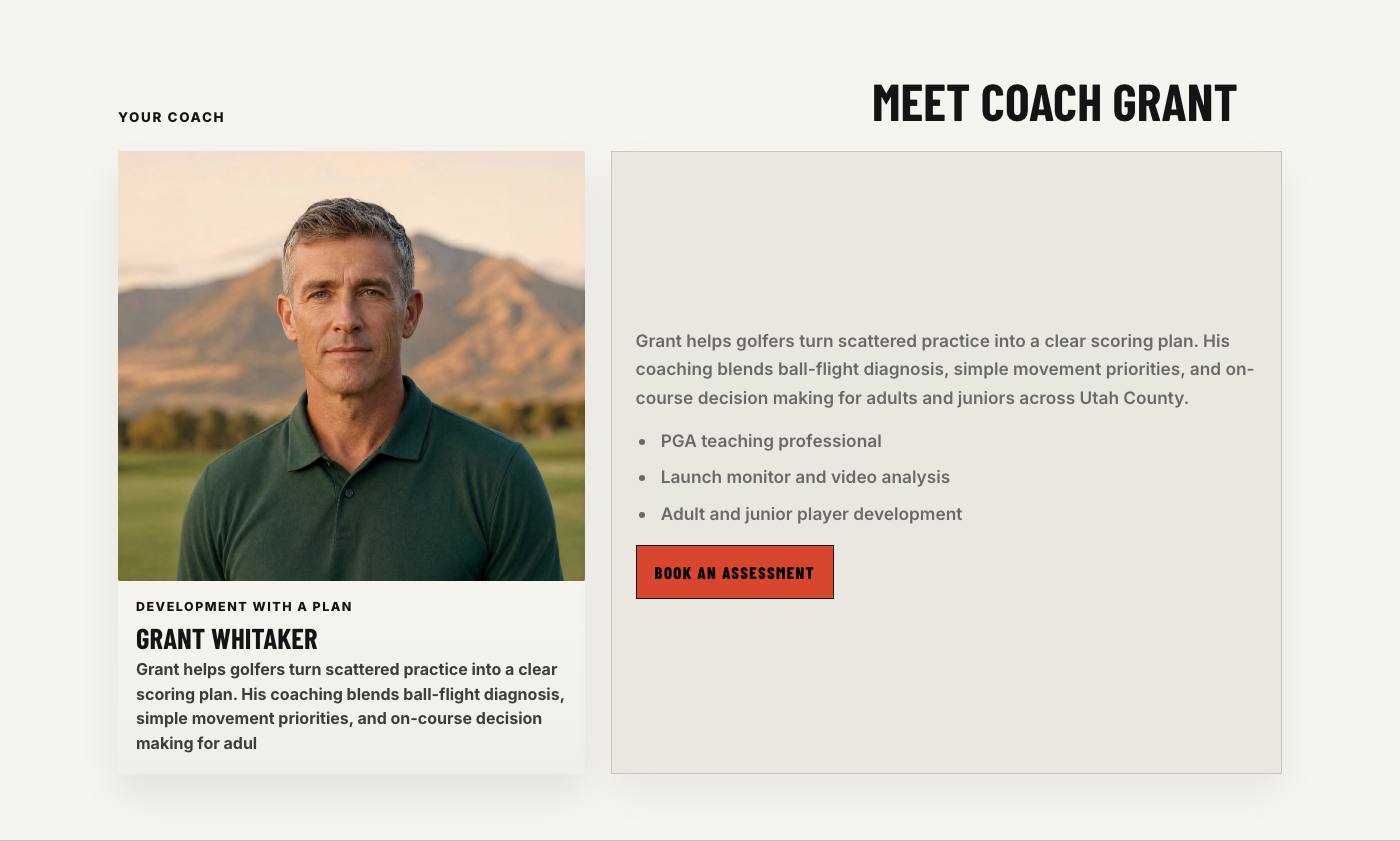 Real coach story section from Wasatch Golf Performance