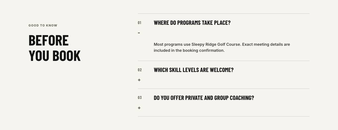 Real frequently asked questions section from Wasatch Golf Performance