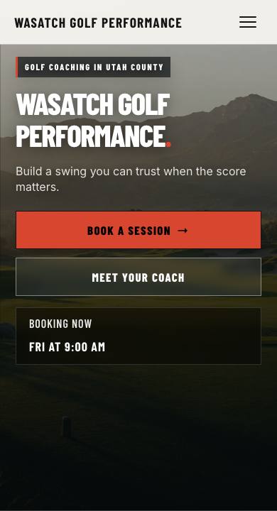 Mobile view of the Wasatch Golf Performance homepage
