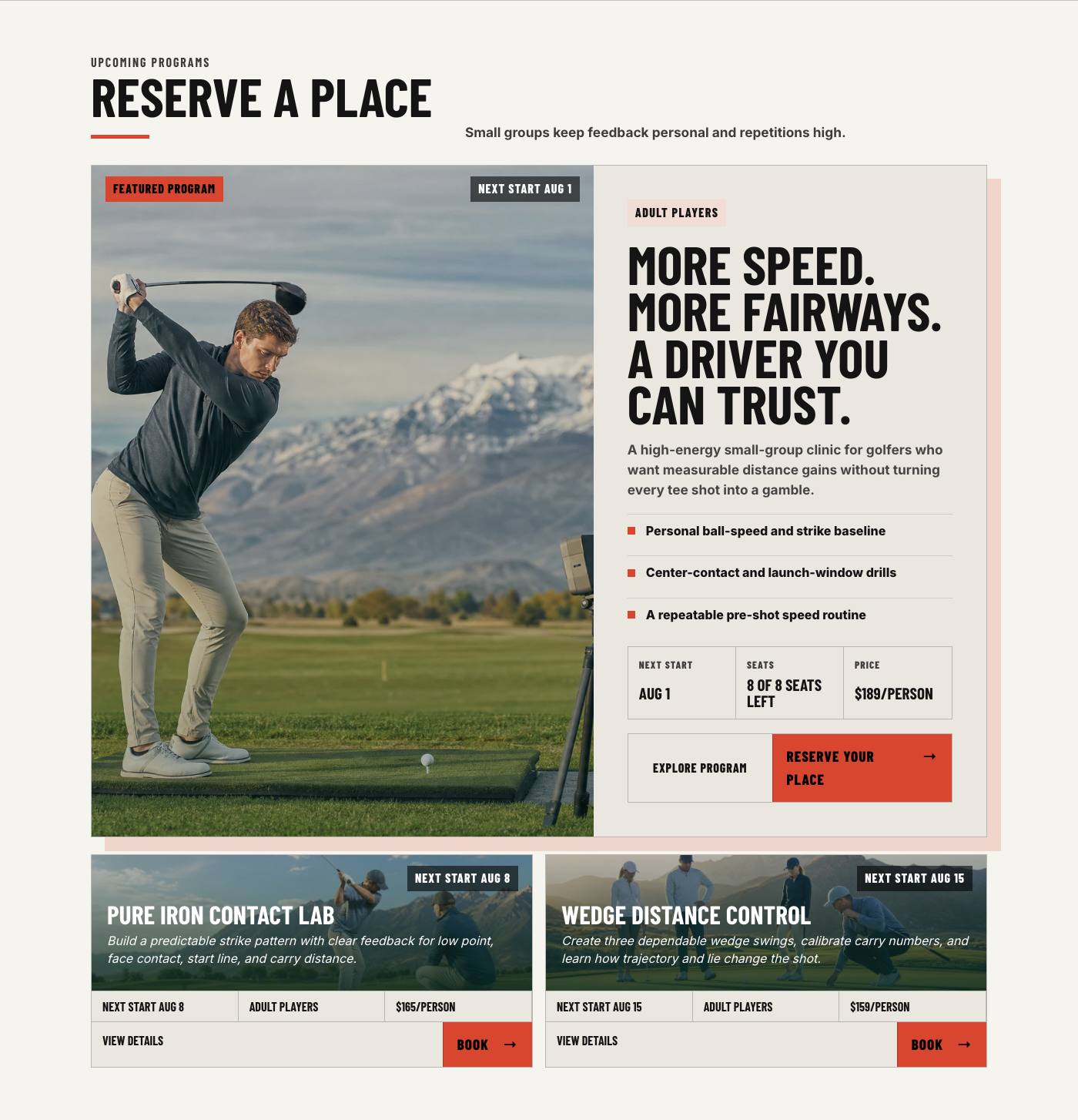 Real upcoming programs section from Wasatch Golf Performance