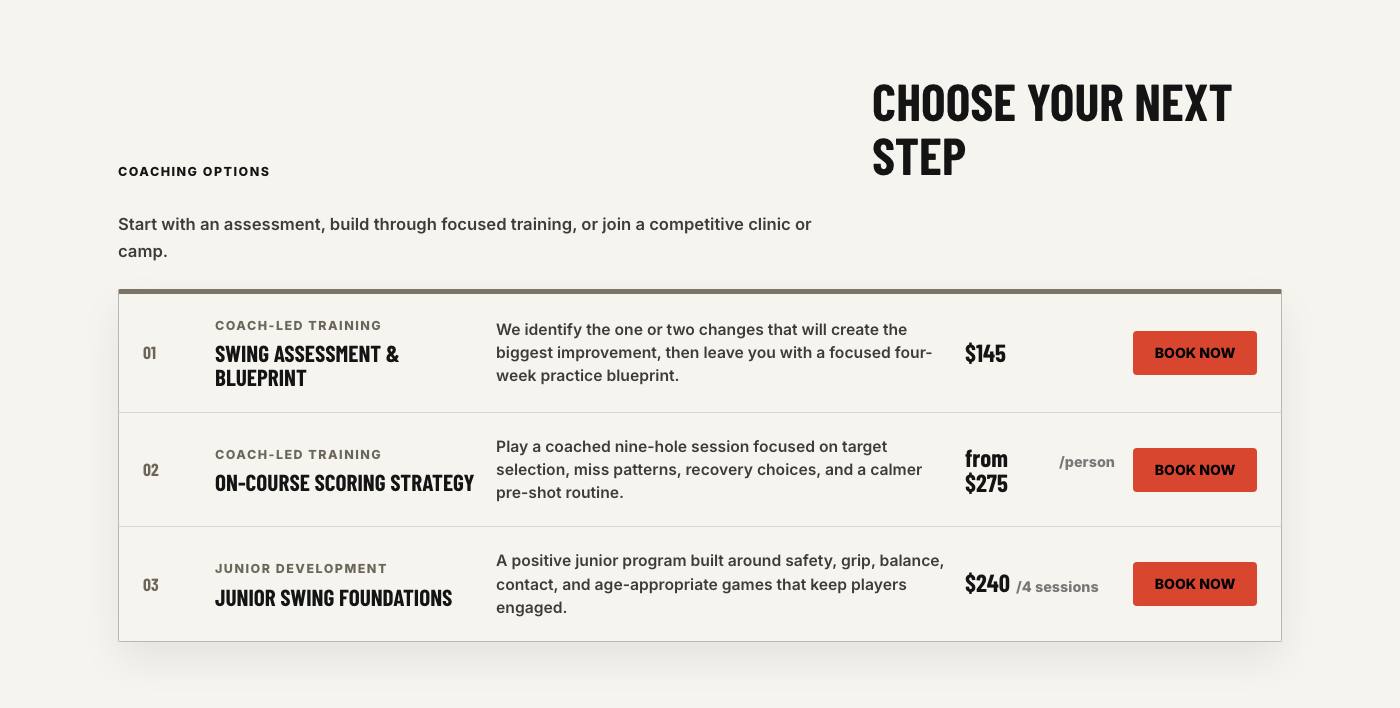 Real coaching options section from Wasatch Golf Performance
