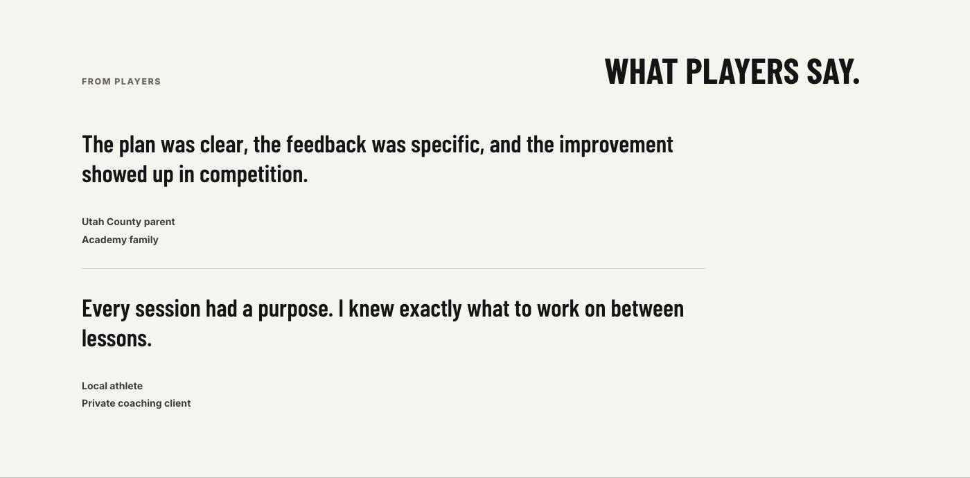 Real player testimonials section from Wasatch Golf Performance