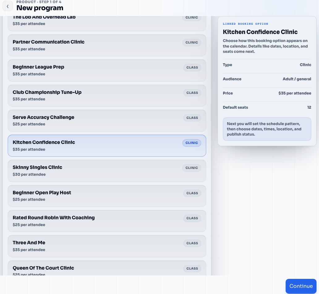 Program setup for Kitchen Confidence Clinic in the Elite Coach Booking coach app