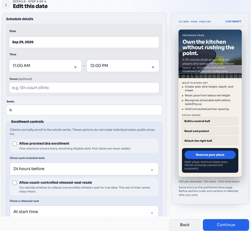 Kitchen Confidence Clinic schedule and live client-page preview in the Elite Coach Booking coach app