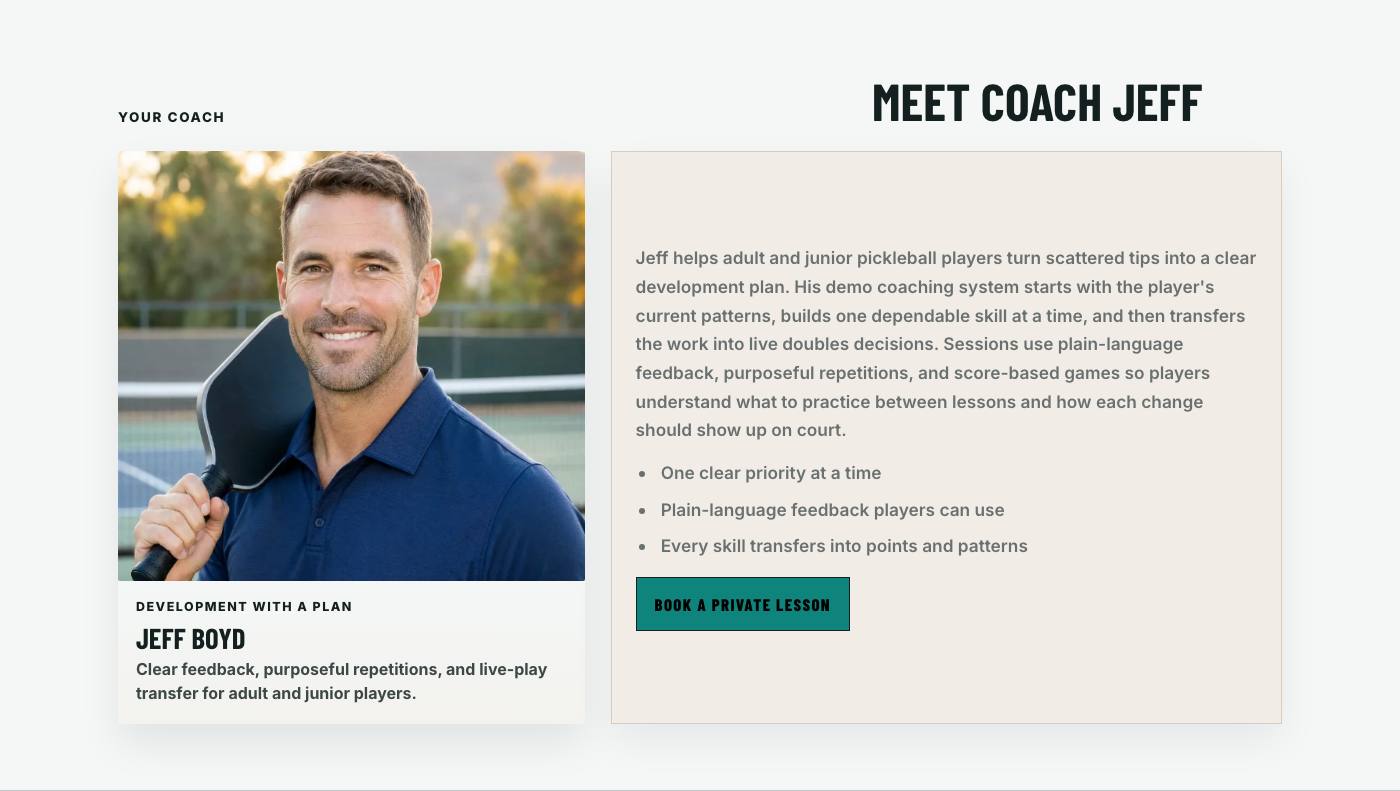 Real coach story section from Elite Coach Booking Demo