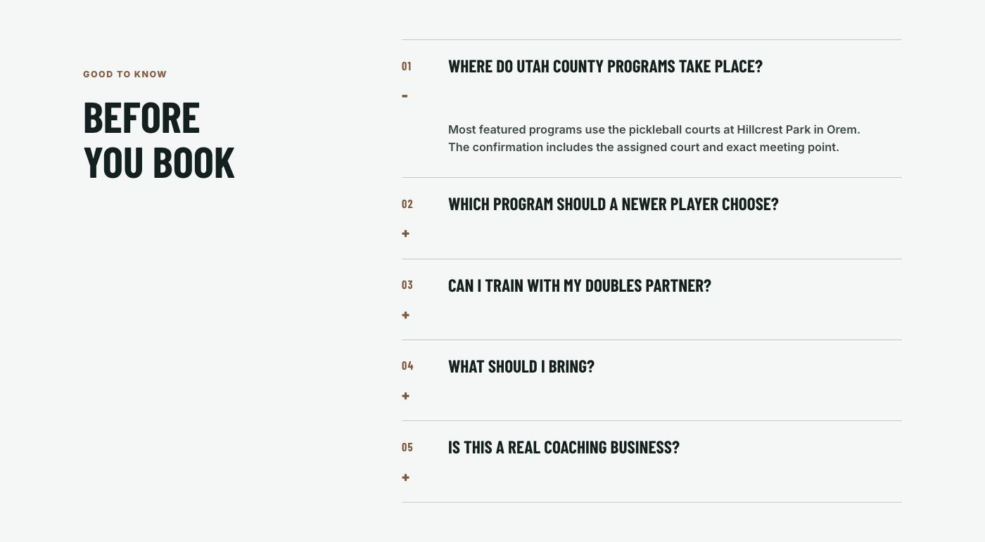 Real frequently asked questions section from Elite Coach Booking Demo