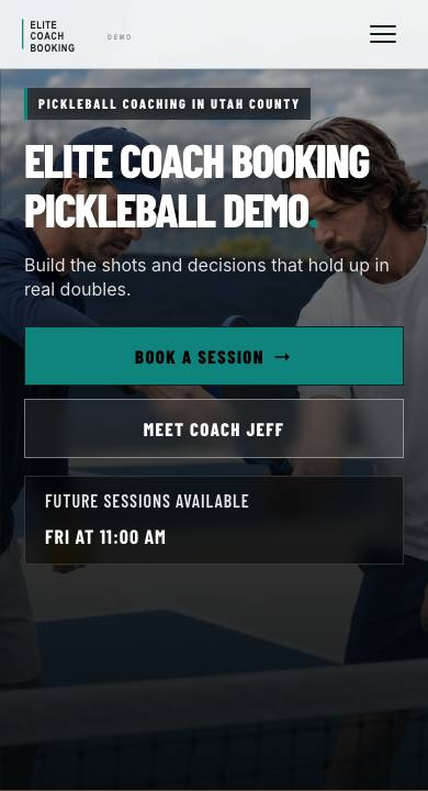 Mobile view of the Elite Coach Booking Pickleball Demo