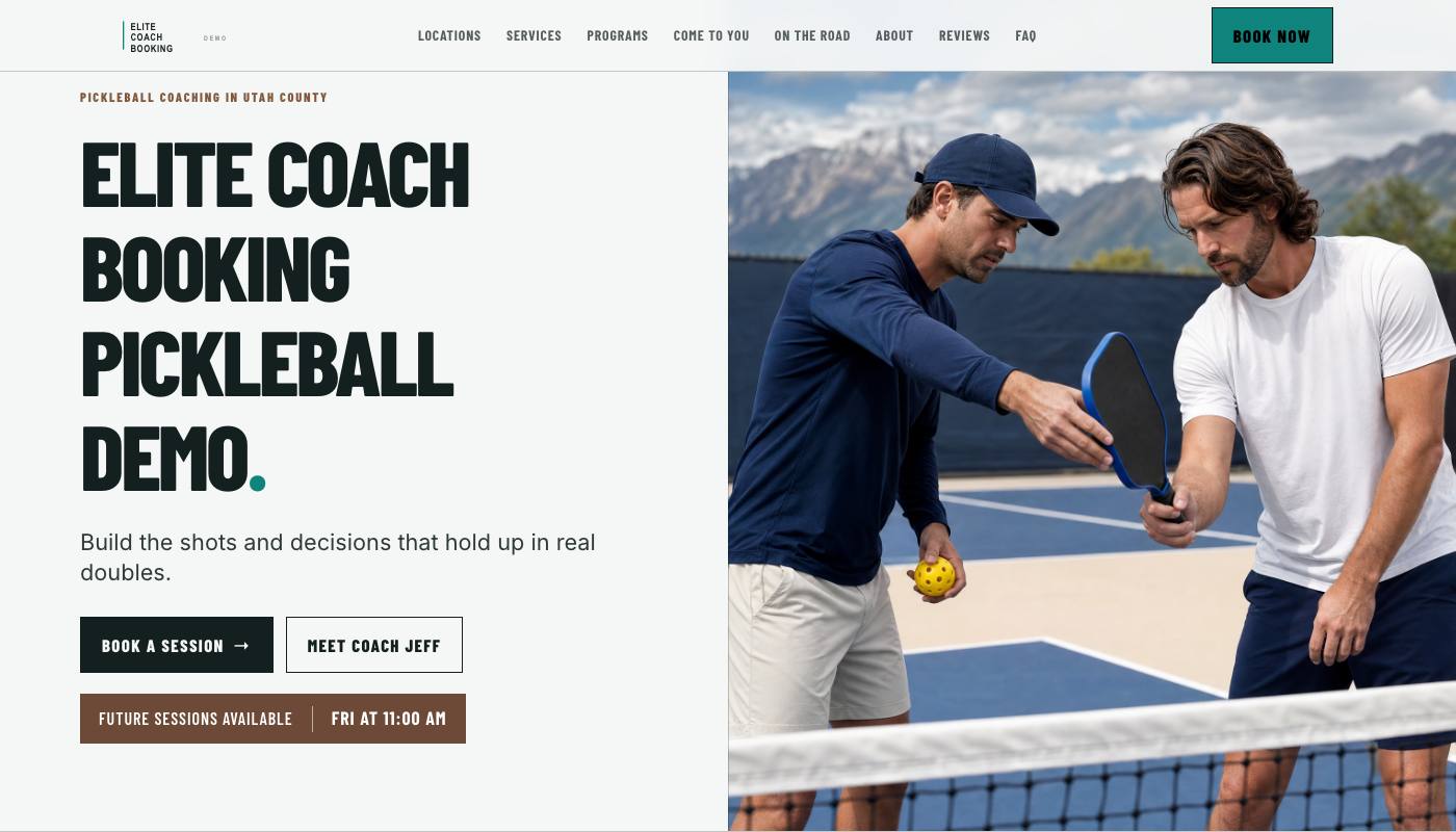 Published pickleball coaching website built with Elite Coach Booking