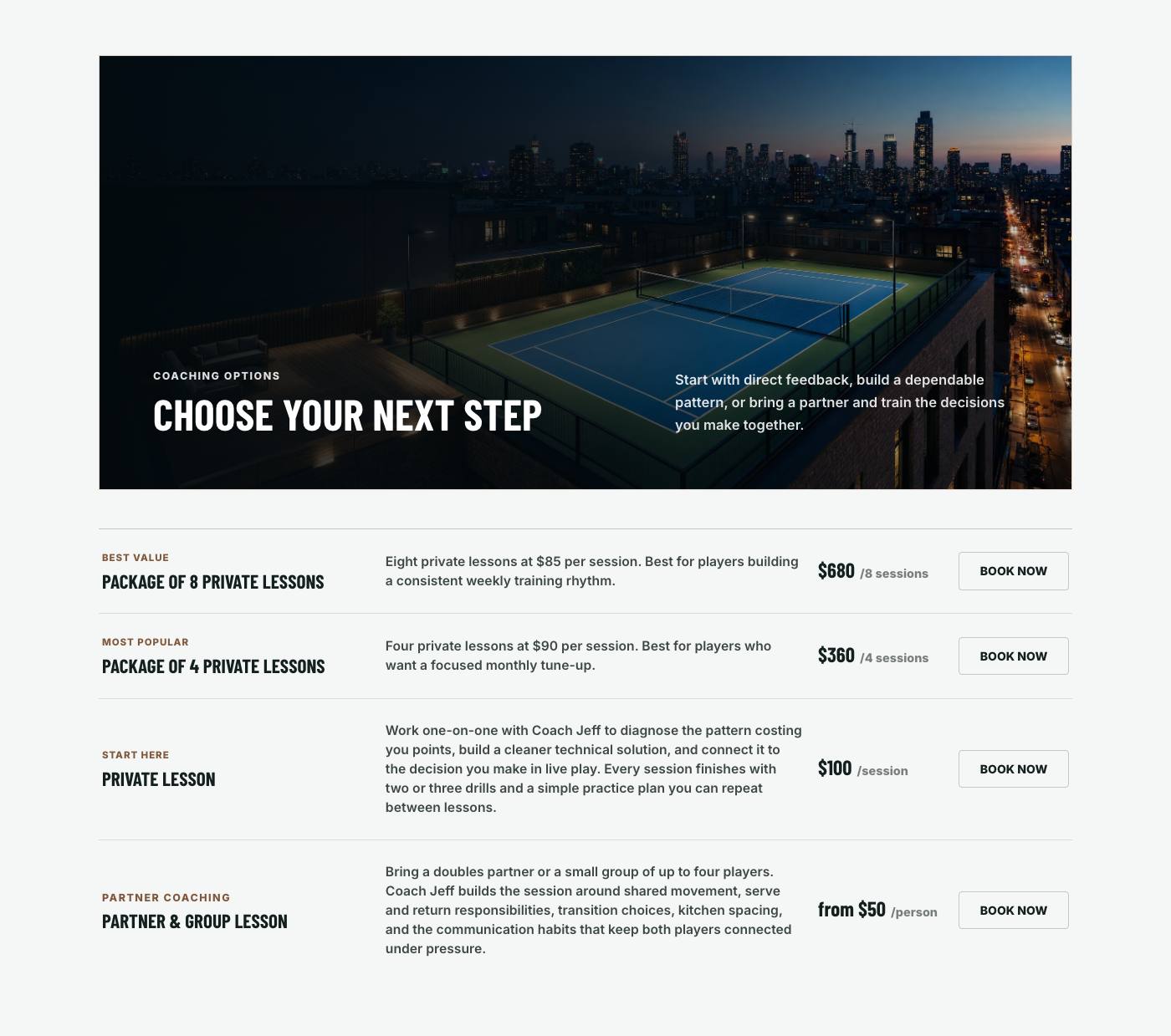 Real coaching options section from Elite Coach Booking Demo