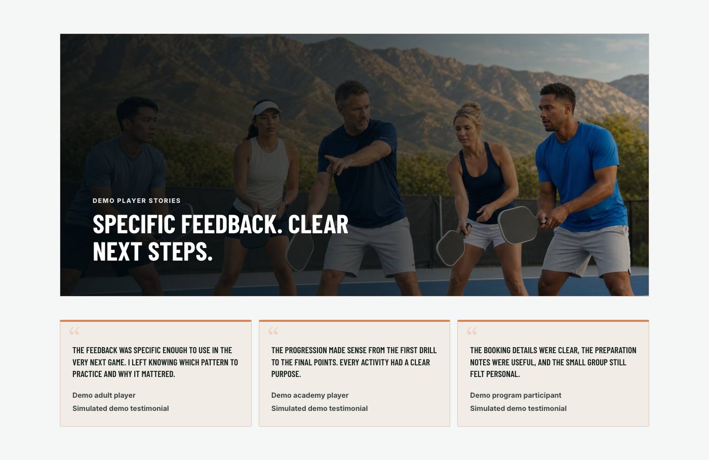 Real player testimonials section from Elite Coach Booking Demo