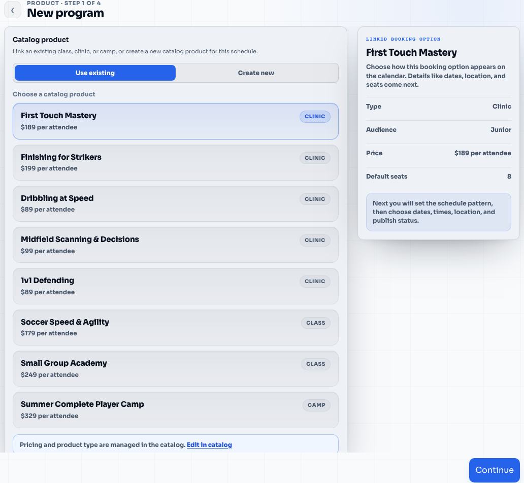 Program setup for First Touch Mastery in the Elite Coach Booking coach app