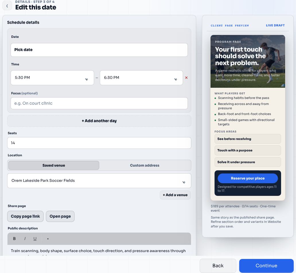 Schedule setup for First Touch Mastery in the Elite Coach Booking coach app