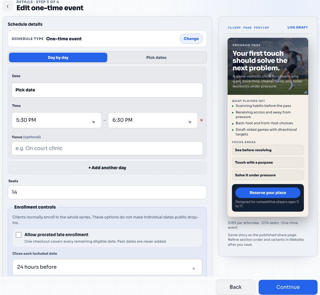 Schedule setup for First Touch Mastery in the Elite Coach Booking coach app