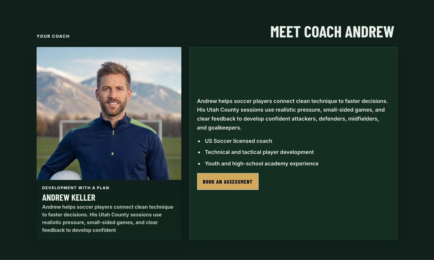 Real coach story section from Mountain Point Soccer Academy