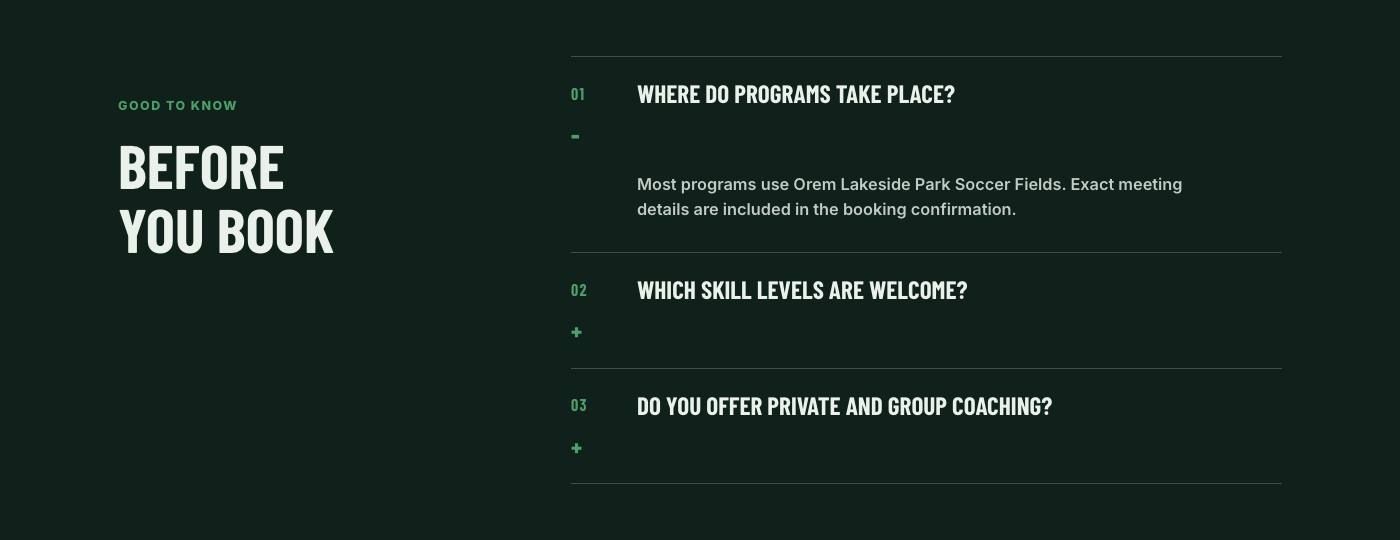 Real frequently asked questions section from Mountain Point Soccer Academy