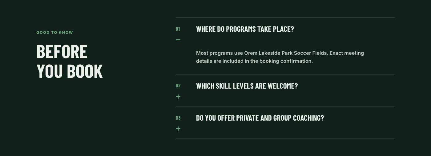 Real frequently asked questions section from Mountain Point Soccer Academy