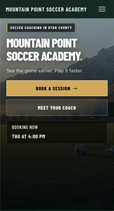 Mobile view of the Mountain Point Soccer Academy homepage