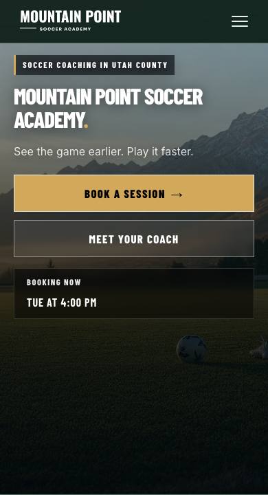 Mobile view of the Mountain Point Soccer Academy homepage