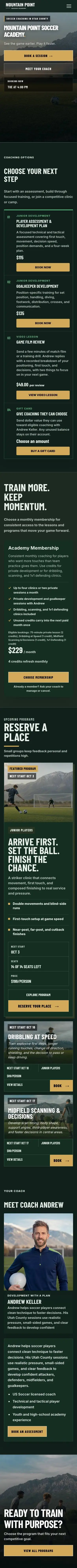 The Mountain Point Soccer Academy homepage at phone width
