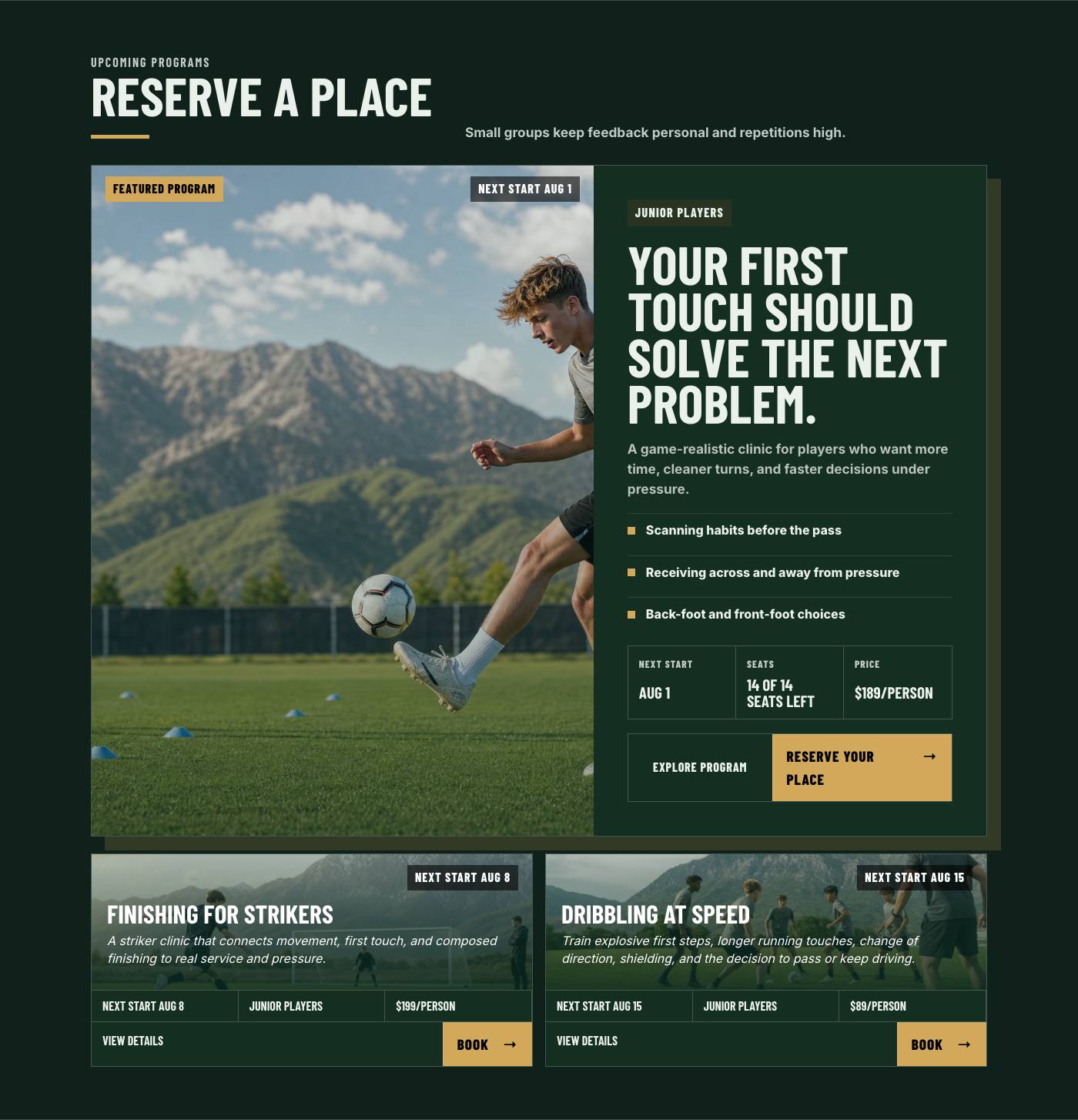 Real upcoming programs section from Mountain Point Soccer Academy