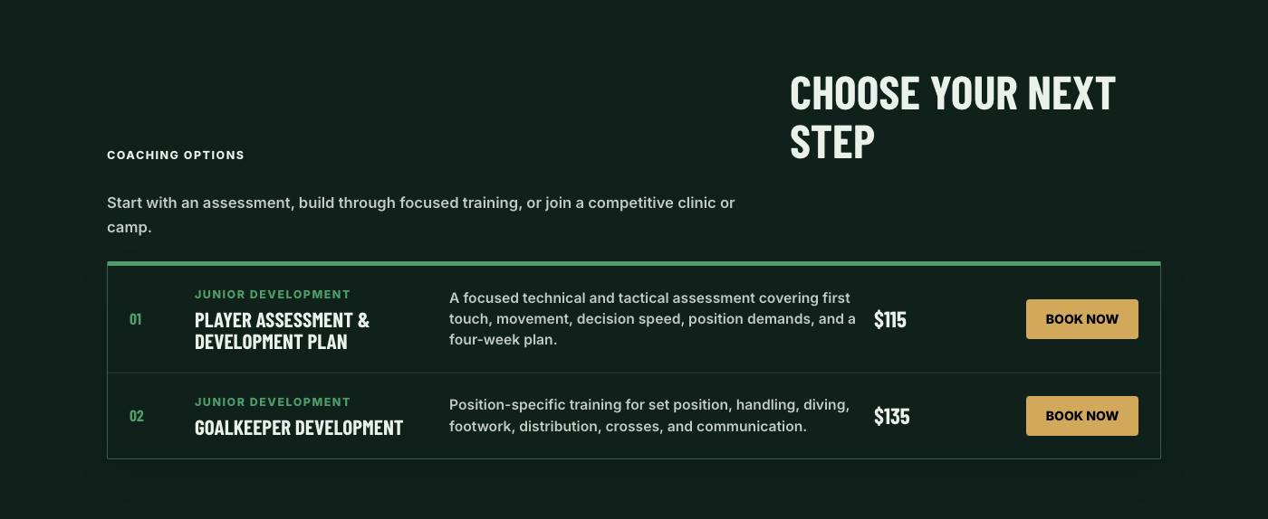 Real coaching options section from Mountain Point Soccer Academy