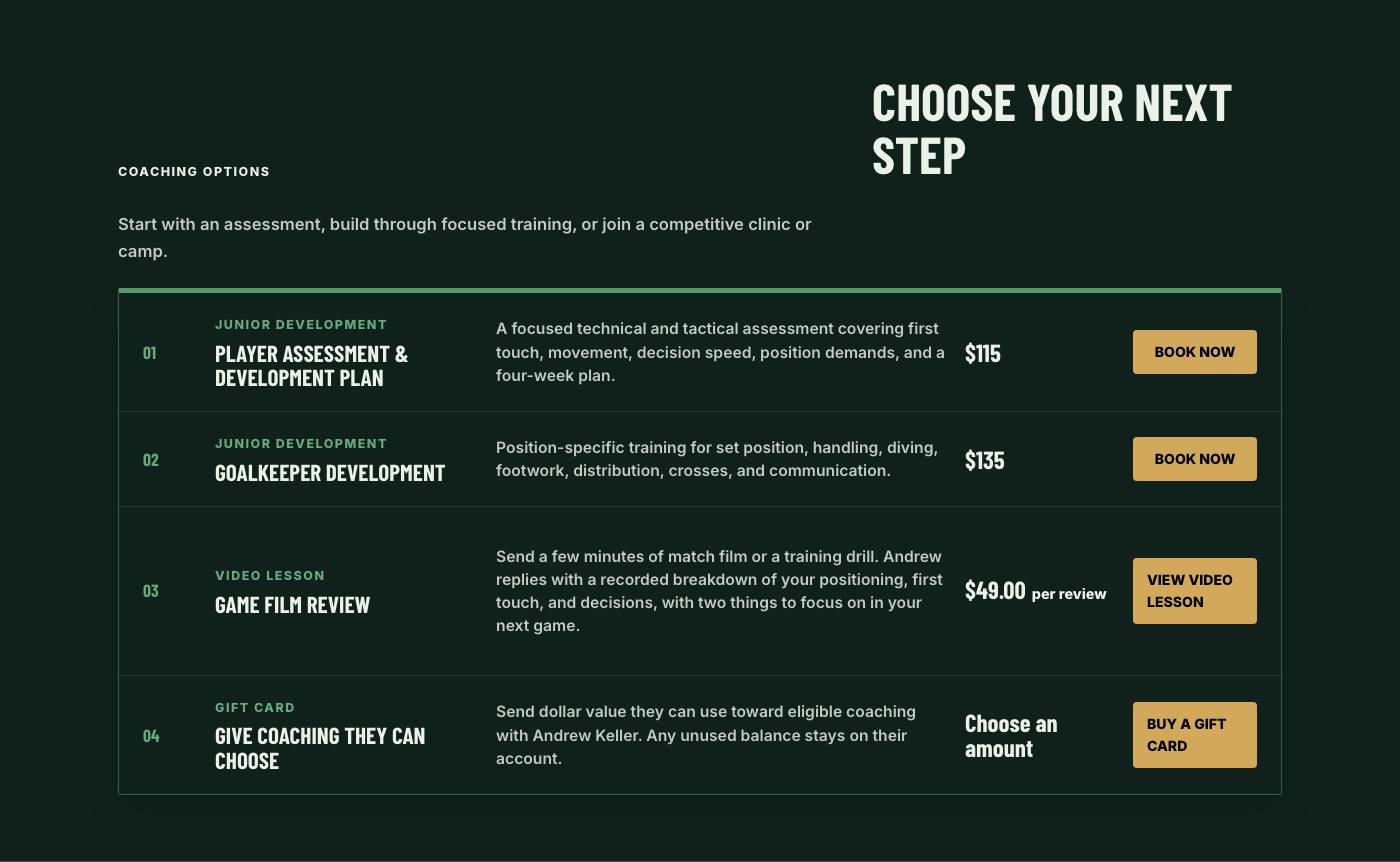 Real coaching options section from Mountain Point Soccer Academy