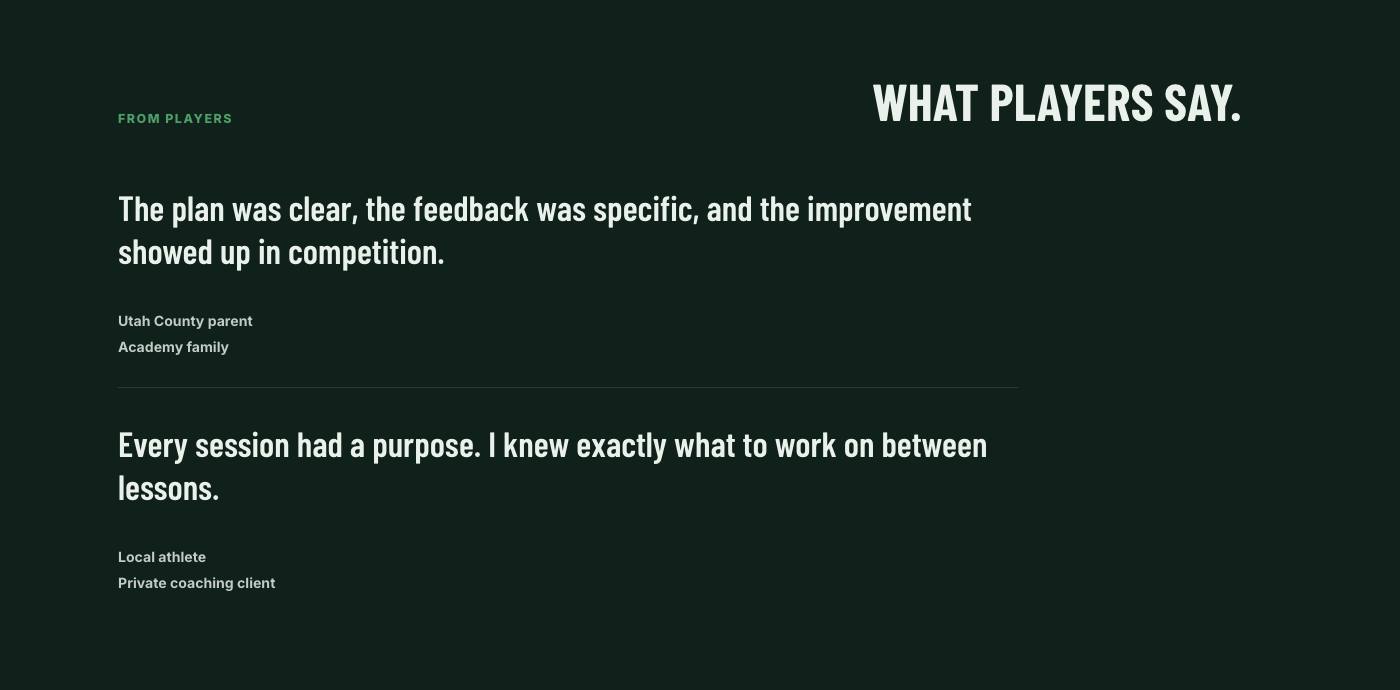 Real player testimonials section from Mountain Point Soccer Academy