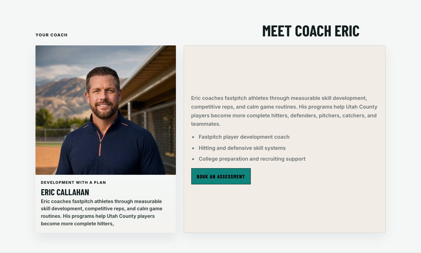 Real coach story section from Utah Valley Softball Lab