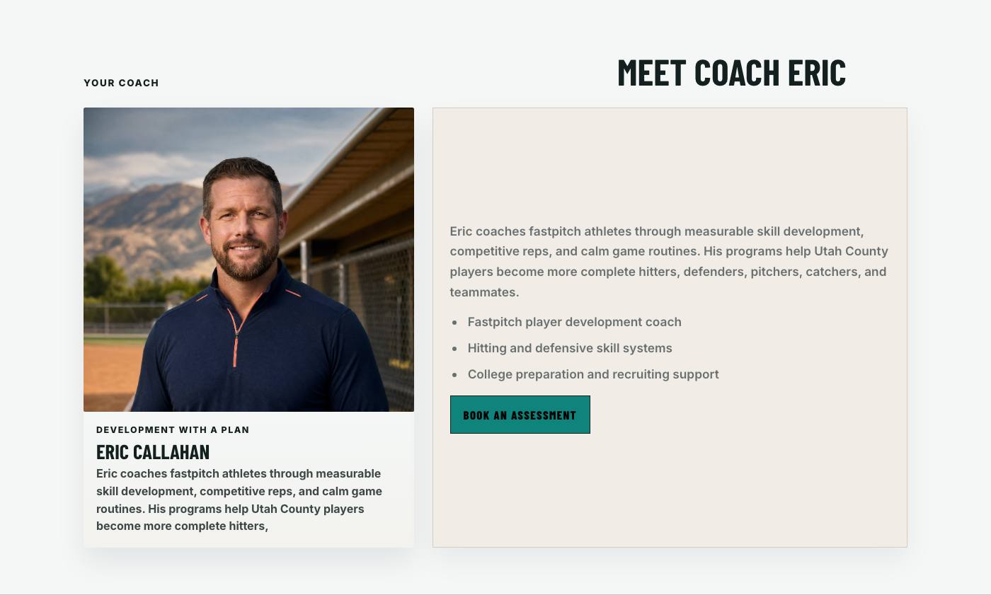 Real coach story section from Utah Valley Softball Lab