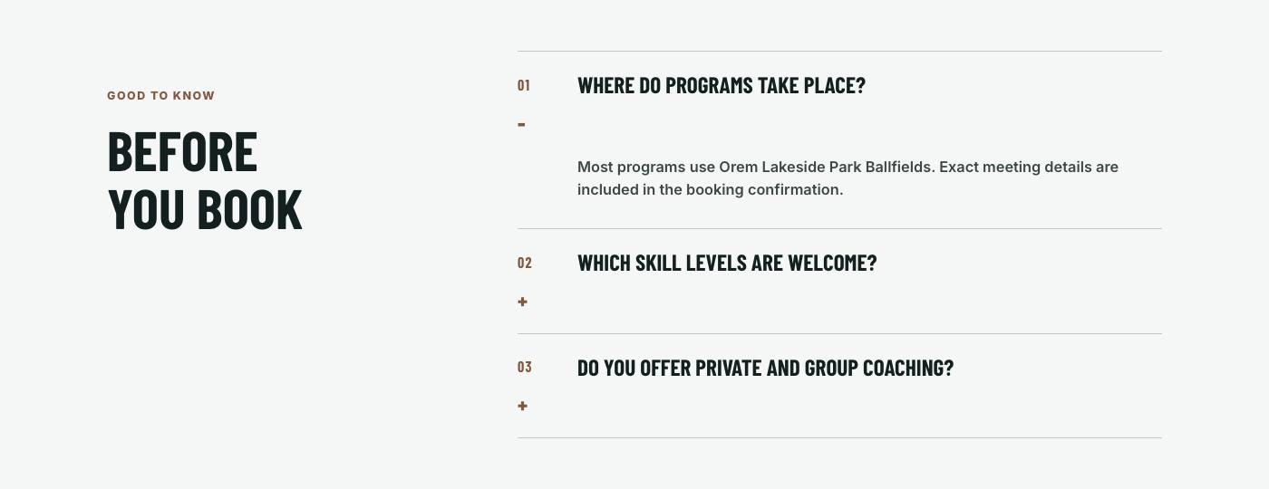 Real frequently asked questions section from Utah Valley Softball Lab