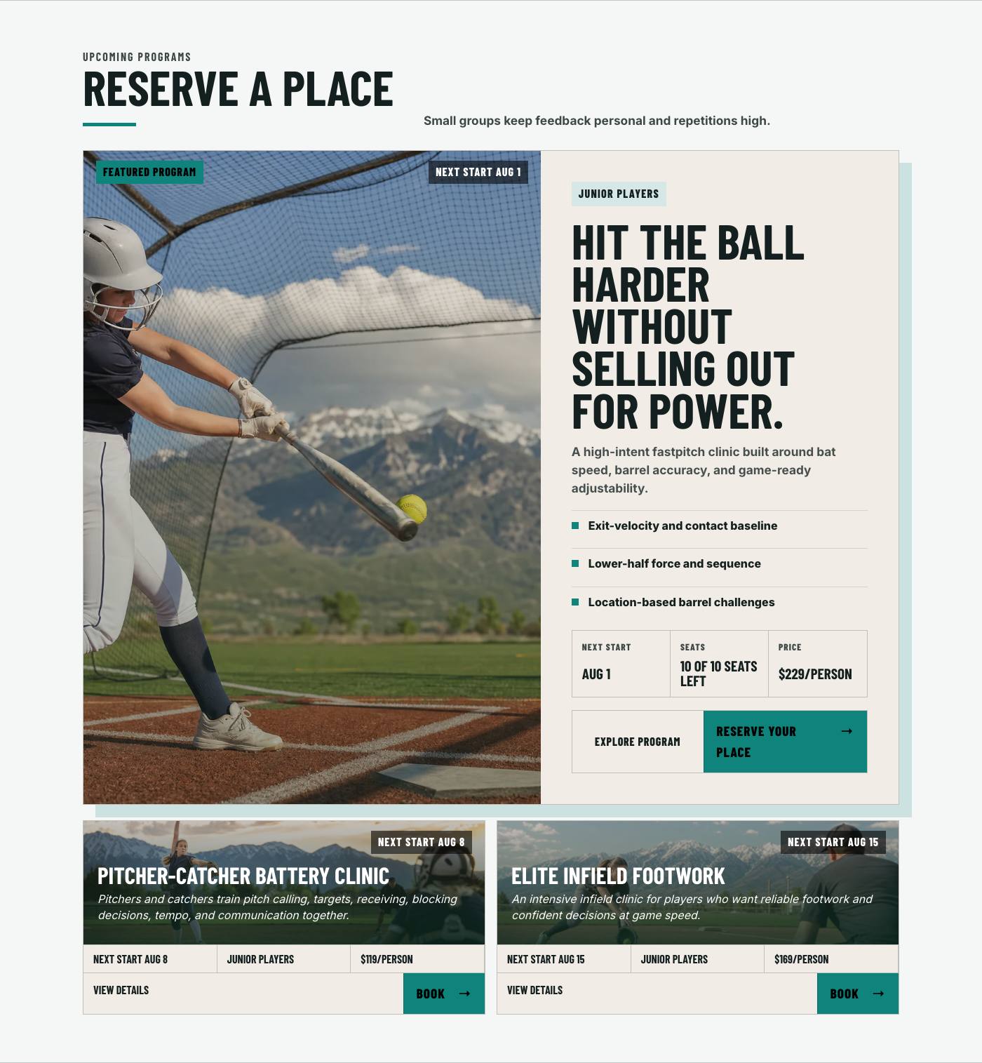 Real upcoming programs section from Utah Valley Softball Lab